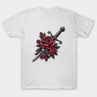 Tattoo Art - Dagger with roses T-Shirt